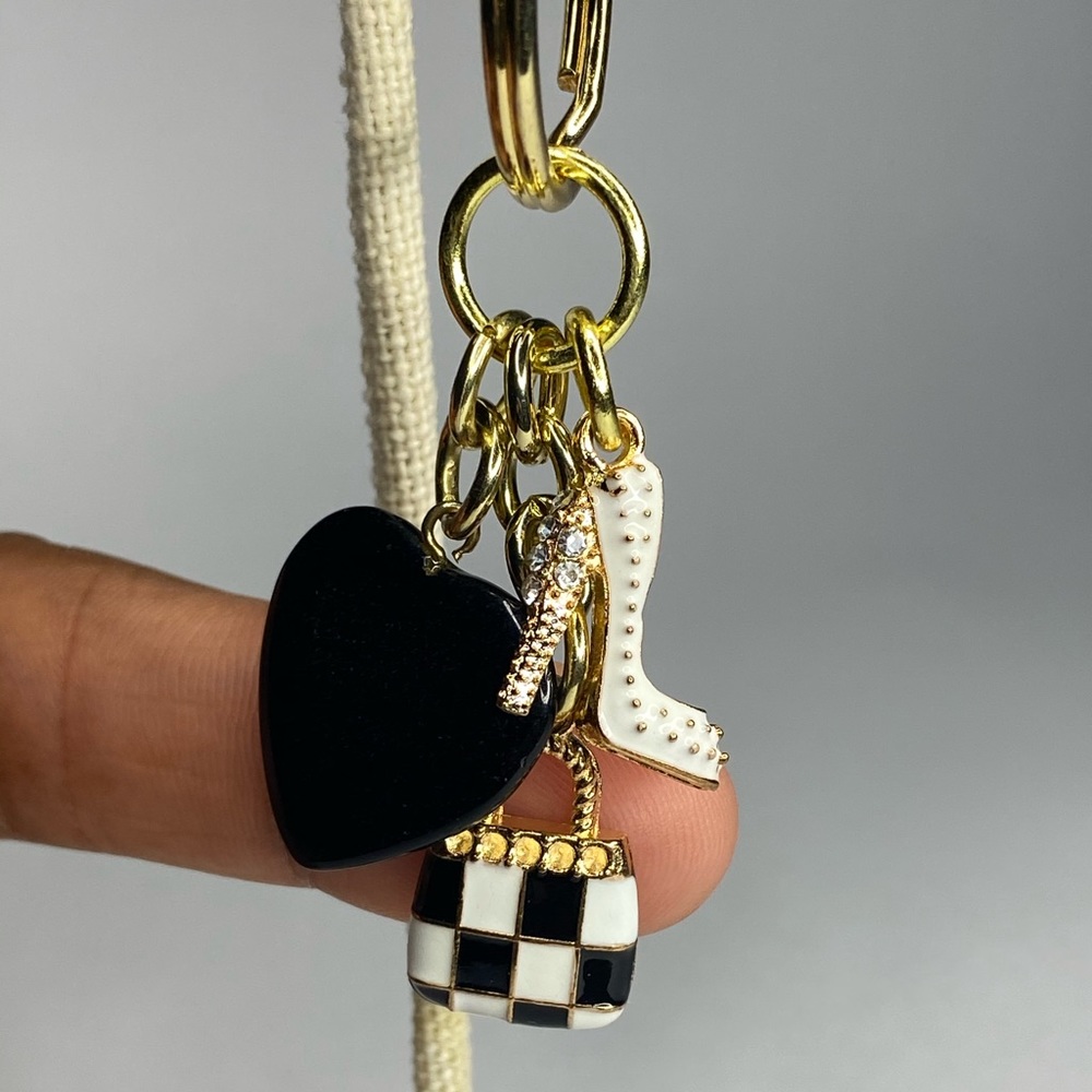 Gold filled Keychain w/white jeweled stiletto, black heart, and checkered purse